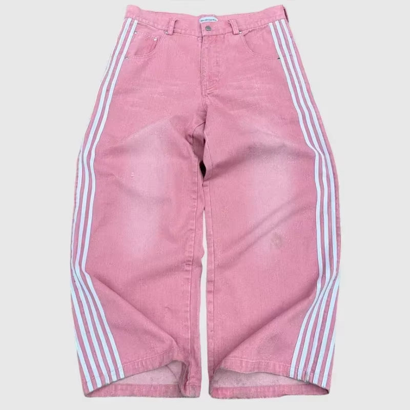 Y2K Baggy Jeans High Quality Embroidered Striped Harajuku Sweatpants Men Women Hip Hop Streetwear Casual Wide Leg Denim Pants